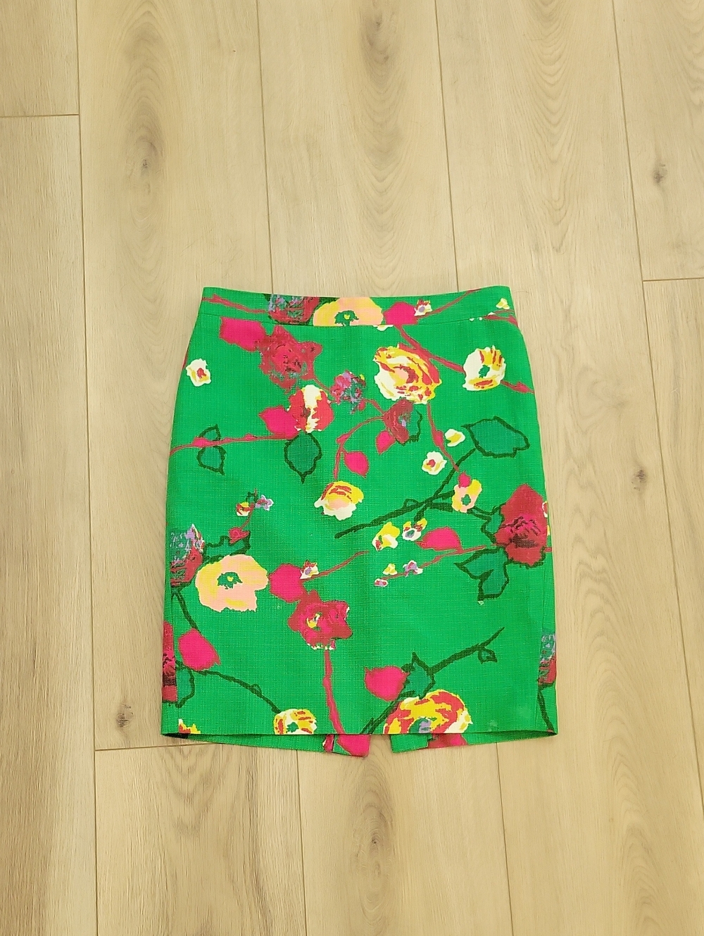 J. Crew Green Floral Pencil Skirt with Pink and Yellow Blooms